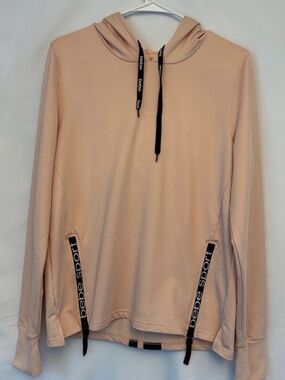 Bebe Sport Hoodie Womens Pullover Sweatshirt Pink Peach Logo Tape Zip Pockets
